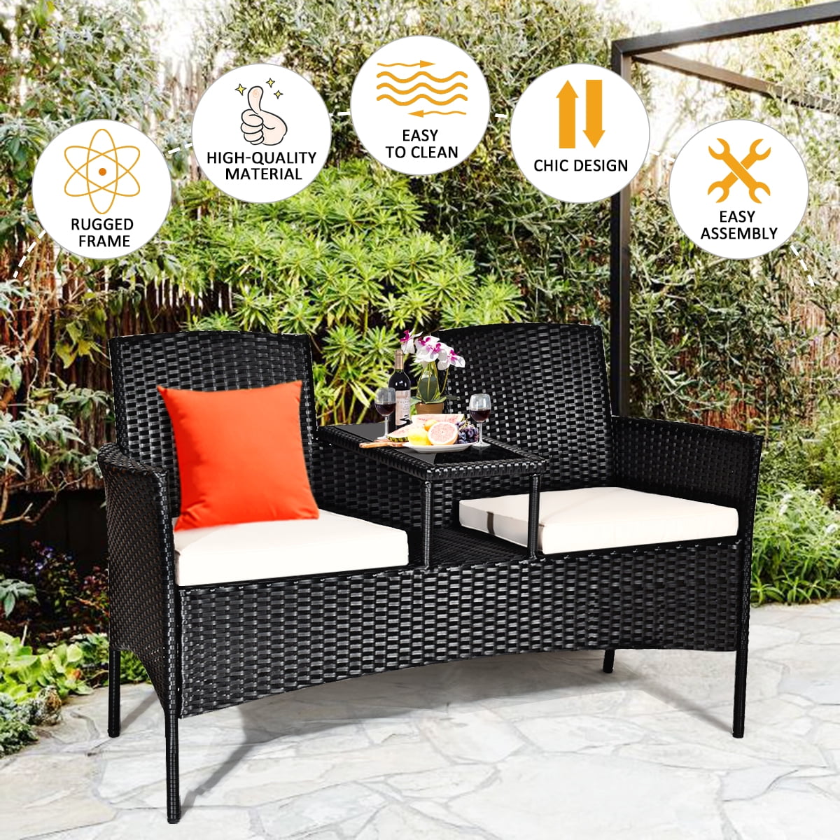 Costway Patio Rattan Conversation Set Seat Sofa Cushioned Loveseat Glass Table Chairs