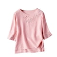thumbnail image 5 of Women's Short Sleeve T-shirt 3/4 Sleeve Linen Shirts For Women 2025 Cotton Summer Retro Embroidered Boho Tops Casual Trendy Vacation Blouse,Pink Women's Short sleeve T-shirt XXXL, 5 of 5