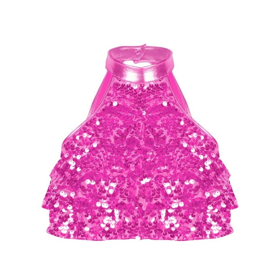 TTAO Sequin Crop Top Vest for Girls Sleeveless Halter Ballet Jazz Dance Hip Hop Performance Costume Hot Pink 4
