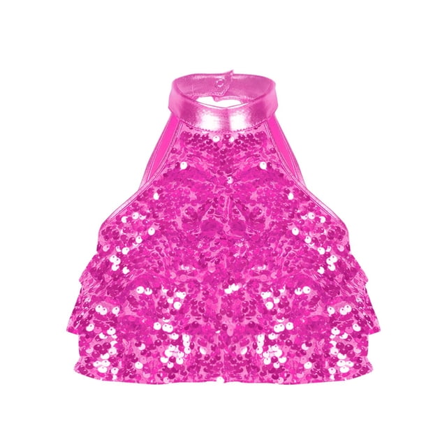 iefiel Girls Sequins Ruffle Dance Crop Tops Ballet Jazz Latin Dance Tank Tops Camisole Stage Performance Hot Pink 14