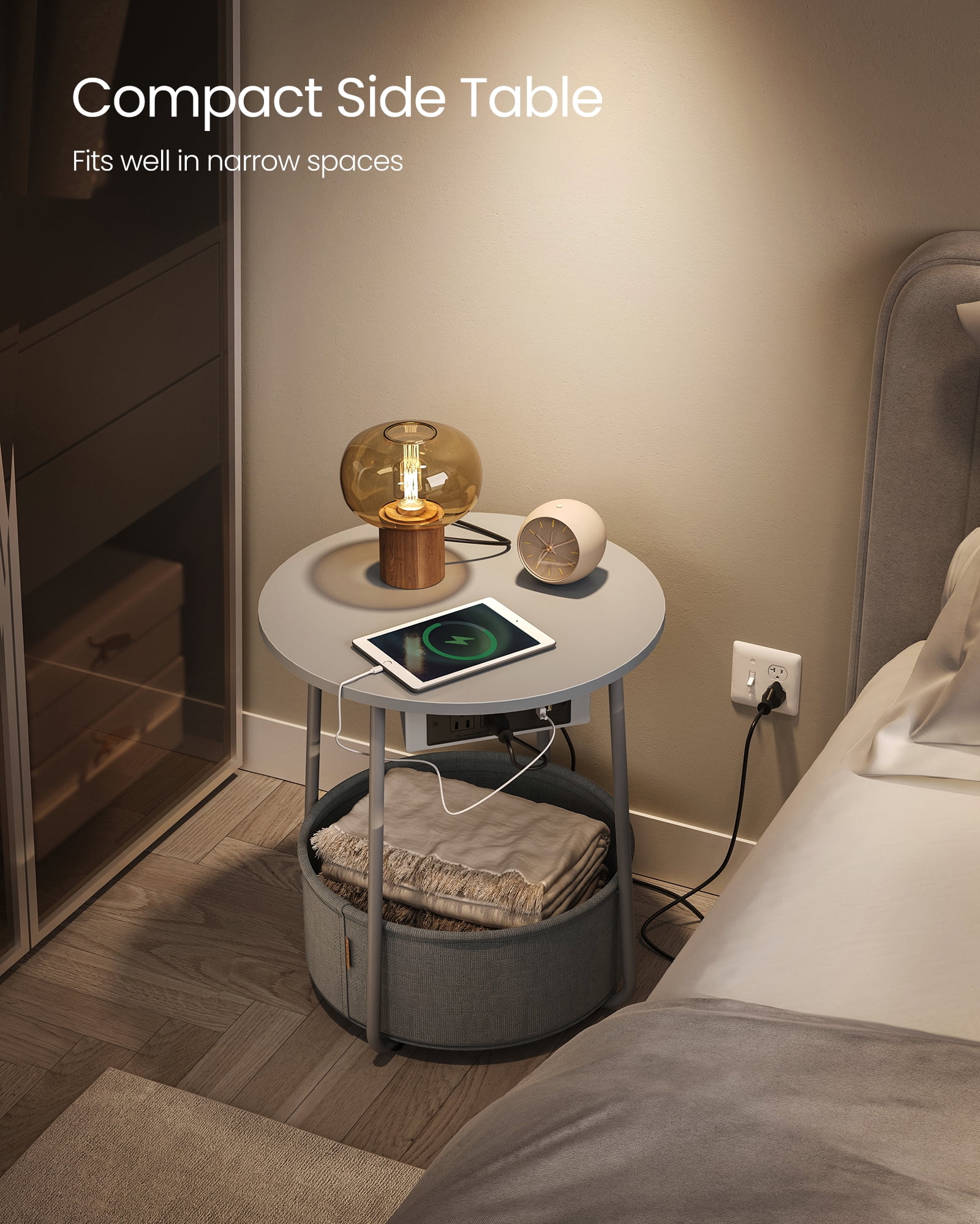 VASAGLE LILEA Collection - Side Table with Charging Station, Round End Table with Fabric Basket, Nightstand with USB Ports, for Living Room, Bedroom, Modern, Dove Gray and Slate Gray