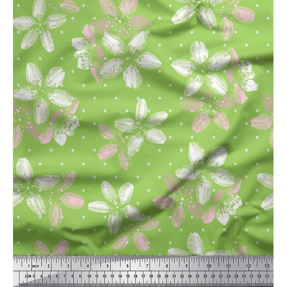 Soimoi Green Modal Satin Fabric Dot & Floral Decor Fabric Printed BTY 42 Inch Wide