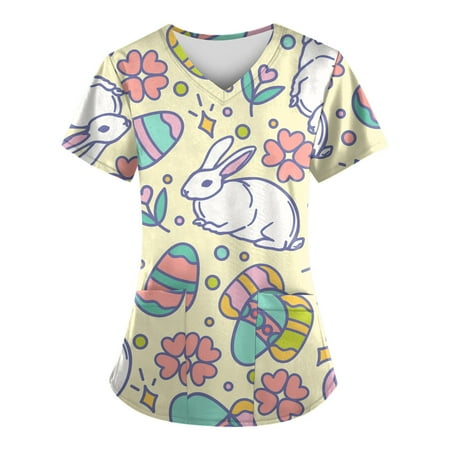 

TQWQT Easter Printed Scrub Tops for Women Breathable Easter Eggs Bunny Pattern V-Neck T-Shirts Tee Scrubs Top with Pockets