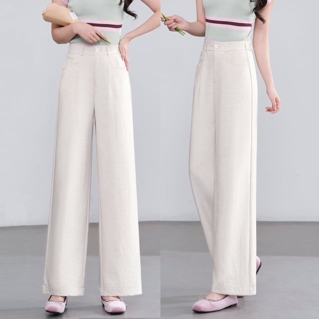 Pantalones Finos de Verano para Mujer de Pierna Ancha, Corte Recto, Blancos