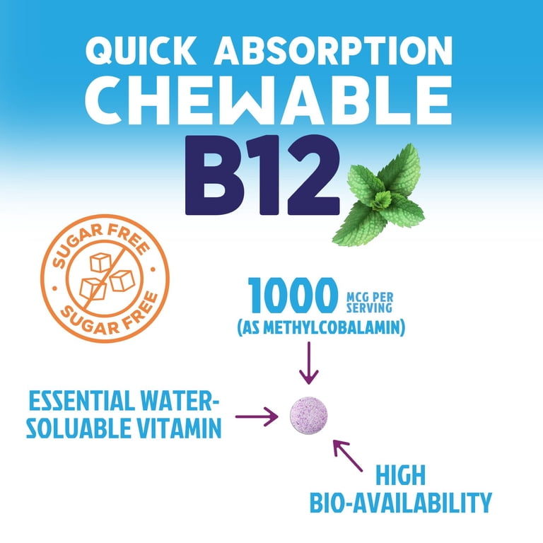 Vitamin B12 1000 mcg (Methylcobalamin) Super B 12 Complex Dietary Supplement for Energy & Immune Support, Vegan, Sugar F