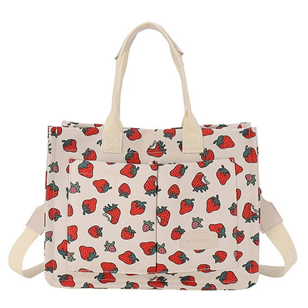 Bolso Estético Mano Casual Lindo Patrón Fresa Nailon para Mujeres Y Niñas