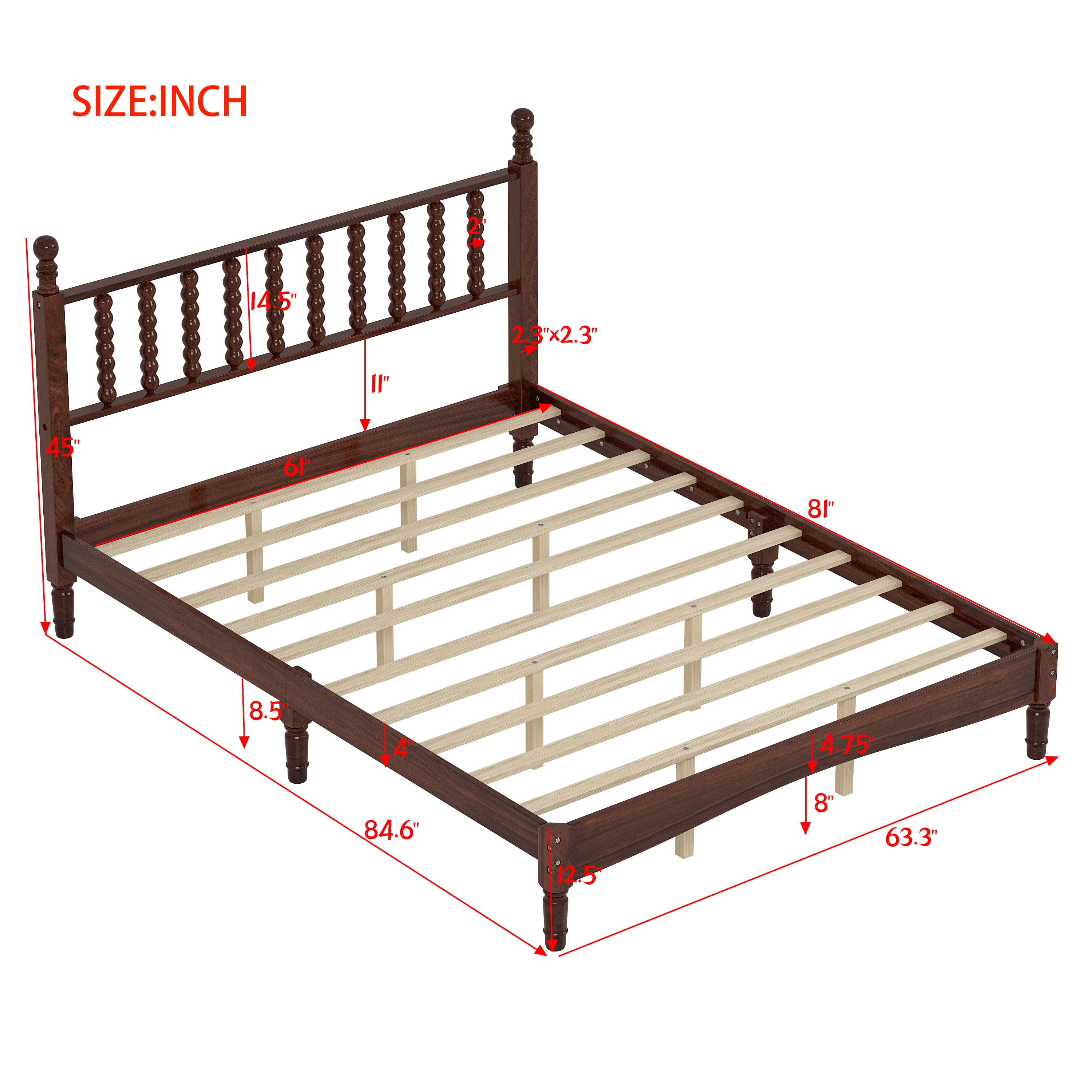 Euroco Wood Retro Style Queen Size Platform Bed with Slats for Living Room, Walnut