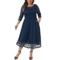 thumbnail image 2 of Agnes Orinda Women's Plus Size Dress Floral Lace Scooped Neckline 3/4 Sleeves with Pocket Knit Cocktail Party Dresses 1X Navy Blue, 2 of 5