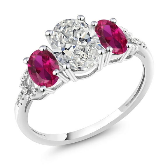 Gem Stone King 2.56 Cttw 10K White Gold White IGI Certified Lab Grown Diamond and Red Created Ruby 3-Stone Engagement Ring for Women | Center 1.5 Ct Diamond | E-F Color | VS1-VS2 Clarity (Size 6)