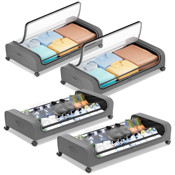 2 Pack UnderBed Storage with Wheels - Large Under Bed Storage with Clear Lid, Underbed Rolling Storage Containers for Shoes, Clothes, Blankets, Books, Toys