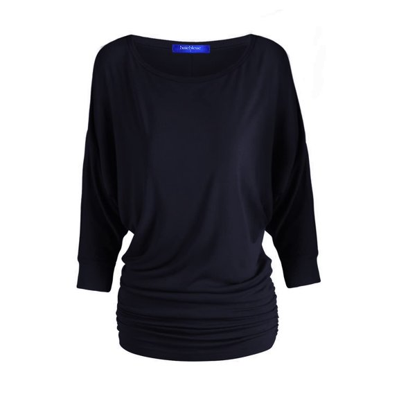 5574 Women's Luxe Rayon Boat Neck Dolman 3/4 Sleeve With Side Ruched Top Navy L