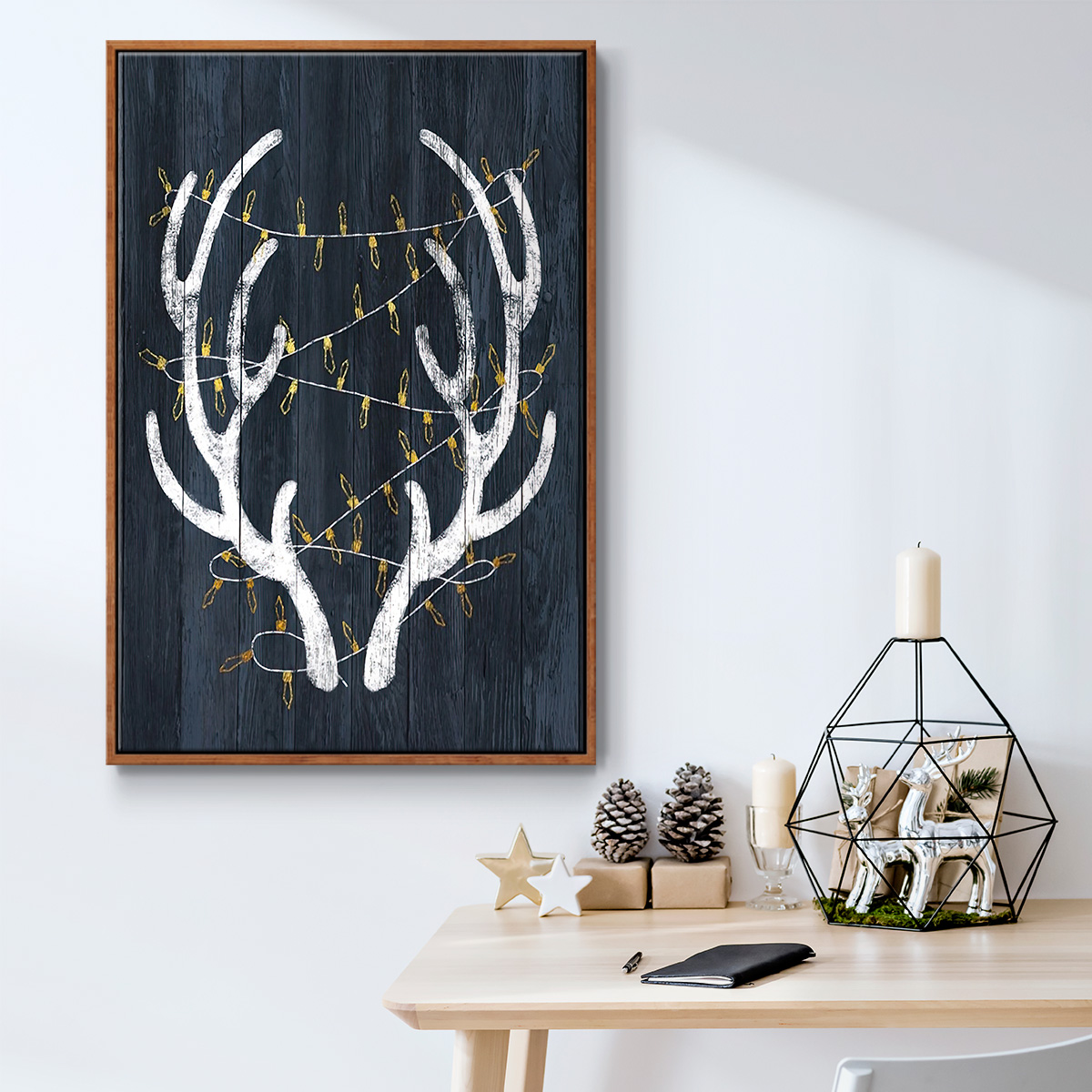 Antlers & Lights - Framed Gallery Wrapped Holiday Canvas - 17 x 25 - Rosewood Frame