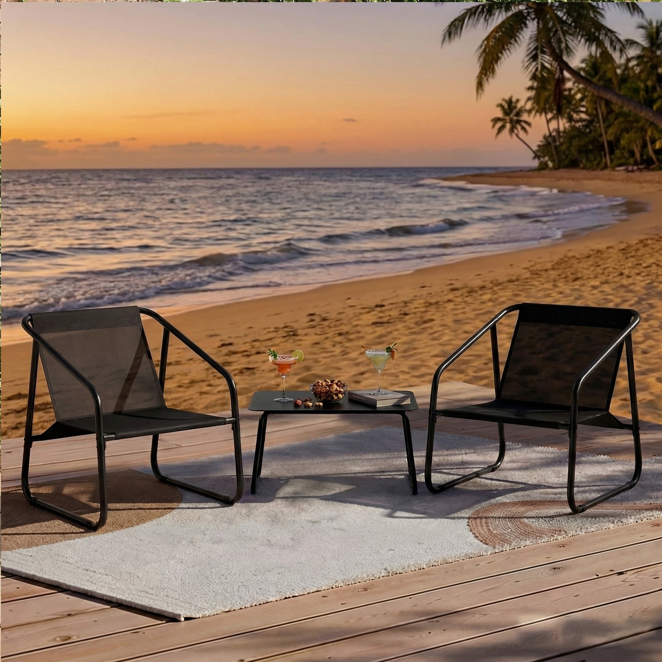 edx 4-Piece Textilene Outdoor Patio Set, Coffee Table & three-piece set of seats, Black