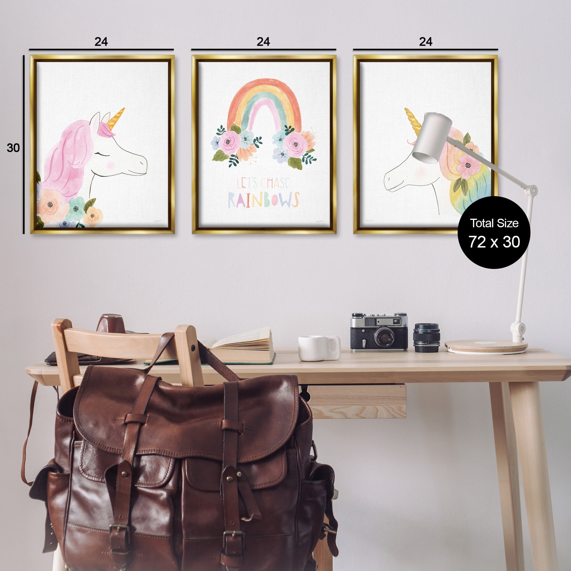 Stupell Industries Let's Chase Rainbows Unicorns Fairy Tales & Fantasy Painting Gold Floater Framed Canvas Art Print Wall Art, 25 x 31, Set of 3