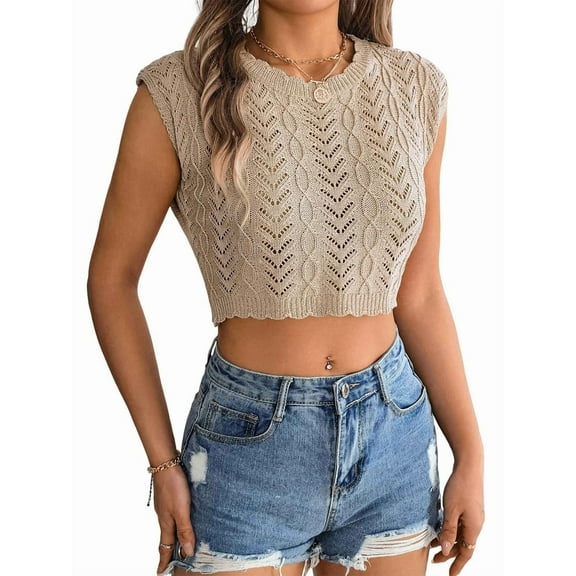 Women'S Summer Knit Sweater Vest Cap Sleeve Casual Trendy Crew Neck Ribbed Pullover Tank Tops Khaki M