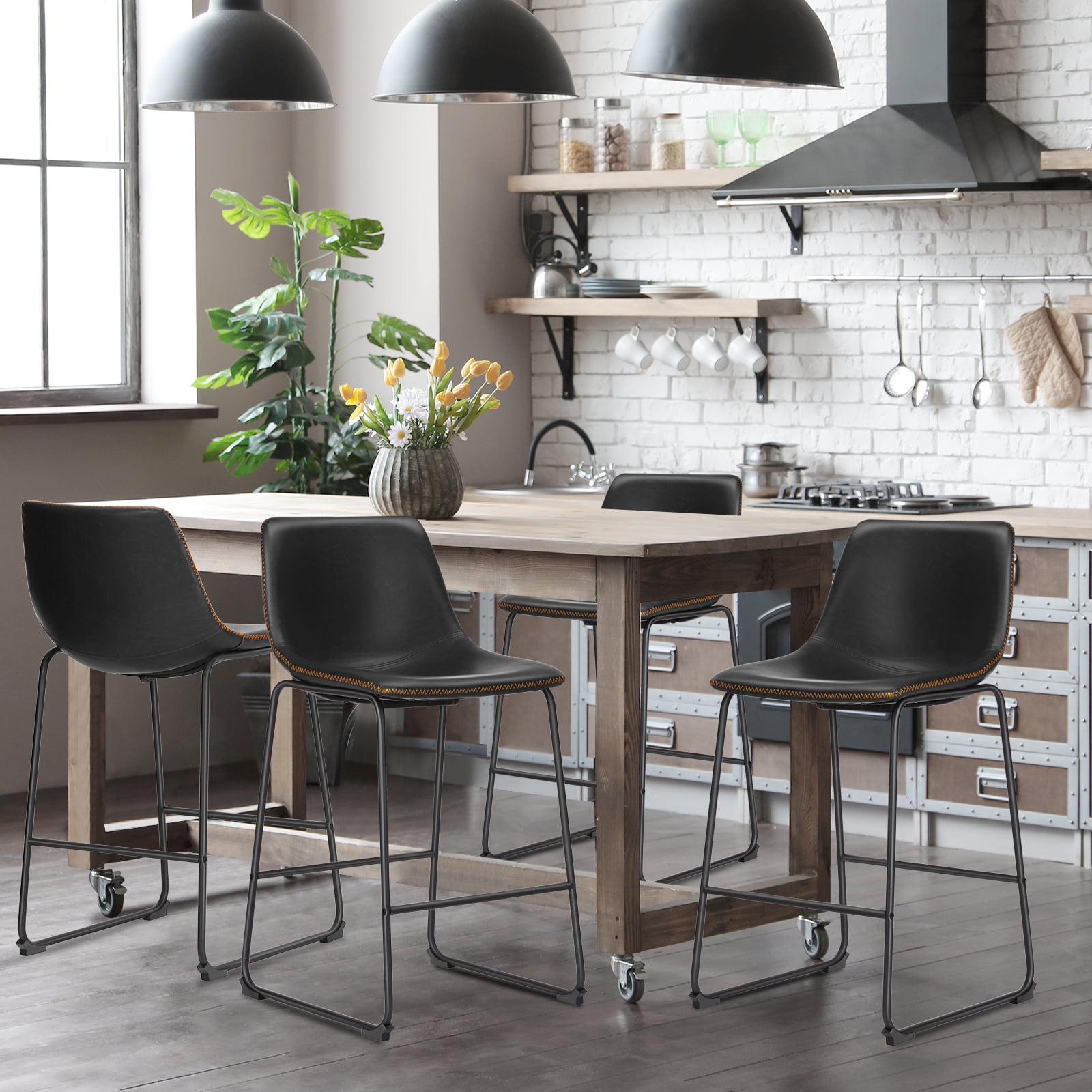 GIANNA Faux Leather Counter Height Bar Stools Set of 2, With Back and Metal Leg, 26 inch Height, for Home Kitchen Office, Black