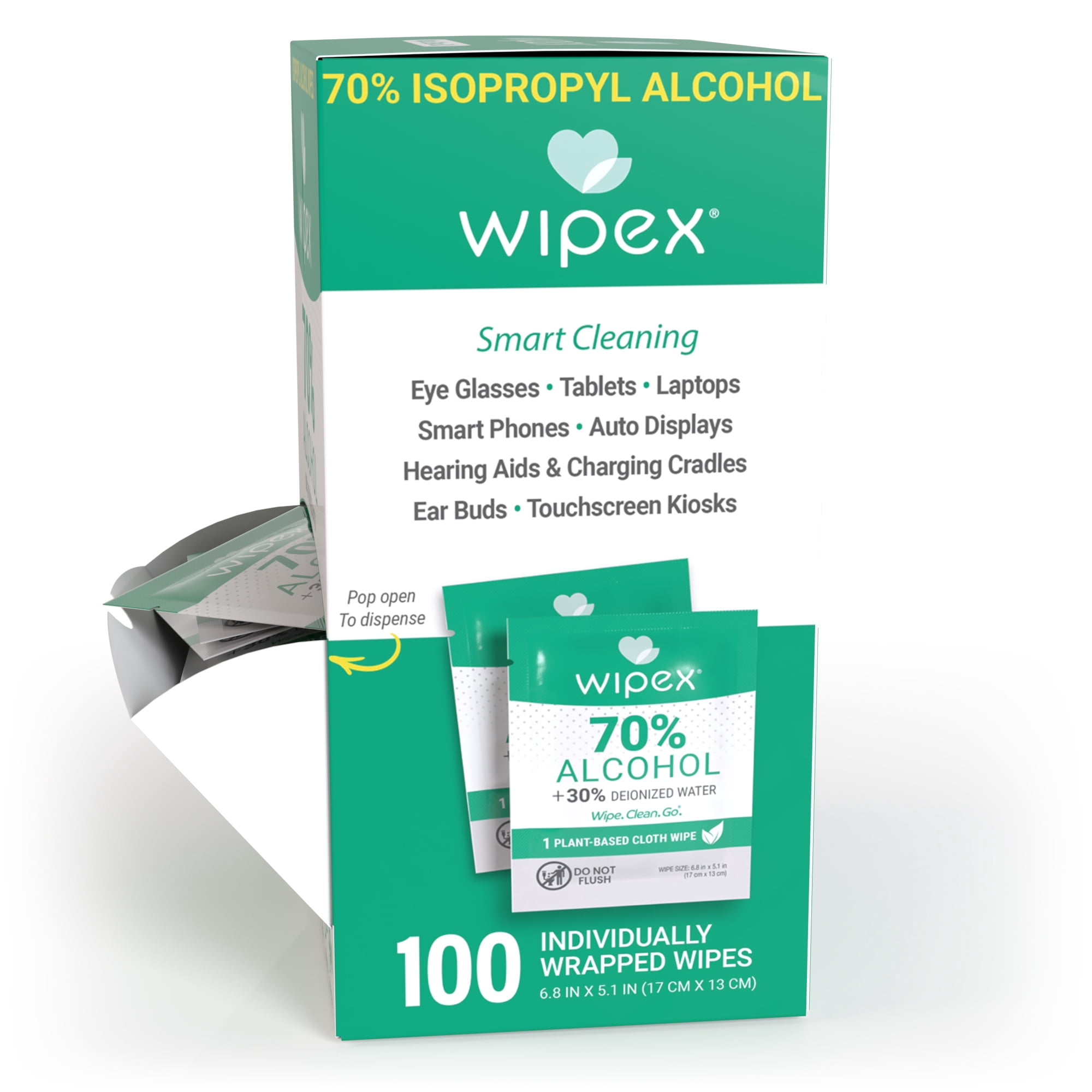 Wipex 70% Isopropyl Alcohol (IPA) All Purpose Cleaning Wipes, Individually Wrapped Surface Wipes in Dispenser Box, 100 Count