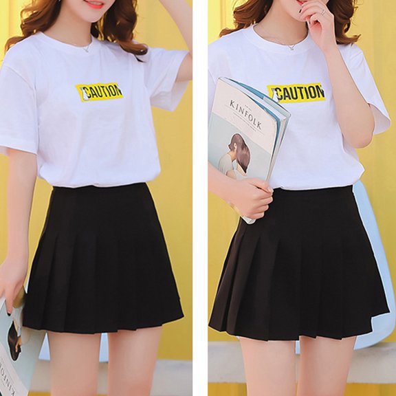 Flmtop Mini Pleated Solid Color High Waist Tennis Skater Short Skirt Black L