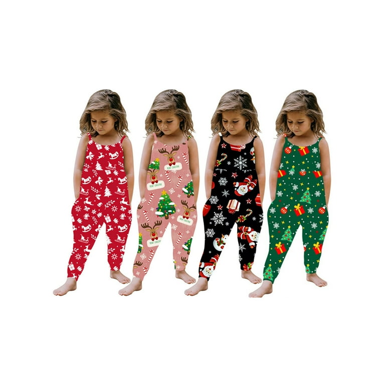 Kids Girls Christmas Jumpsuit Spaghetti Straps Reindeer Tree