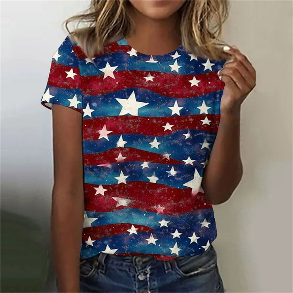 Cavosen Patriotic Clothes for Women Petite 4th of July Short Sleeve Crewneck Tops USA Star Striped Print T Shirts Lady XL Red White and Blue Casual Shirts Patriotic Tunic Tees Patriotic Outfits