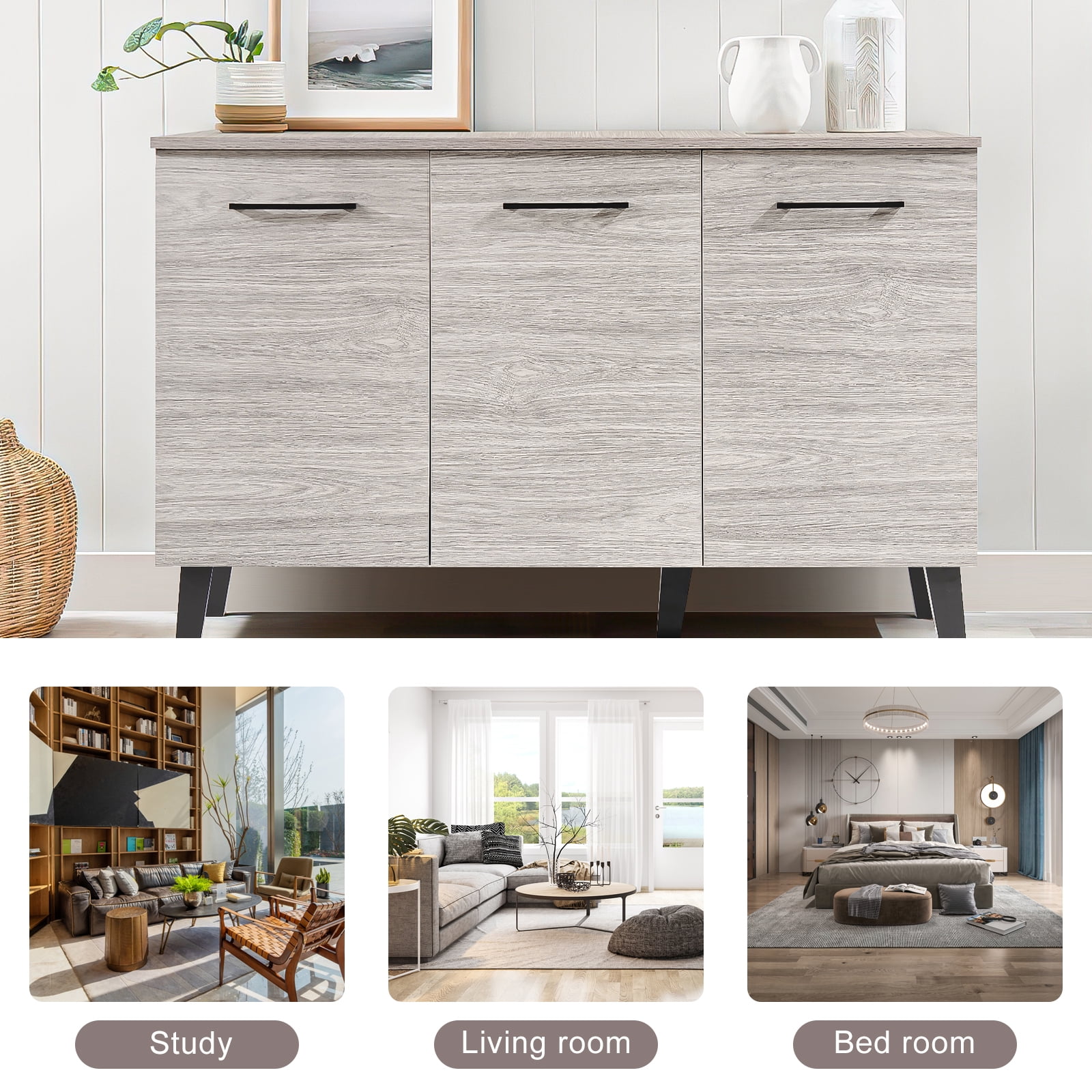 Kadyn Modern Fiberboard Multipurpose Sideboard, Fiberboard Sideboard Buffet Cabinet for Living Room Kitchen, Mid-century Storage Cabinet, Plaid Grey Oak