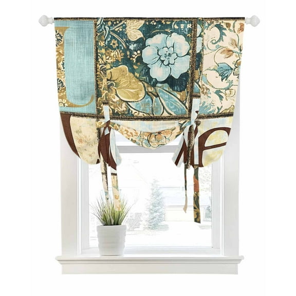 Vintage Floral Buffalo Plaid Tie Up Curtains for Window, Thermal Insulated Balloon Shade Adjustable Rod Pocket Curtains Valance Panels for Kitchen Bathroom Cafe 52 x 45 Blue Beige Checkered