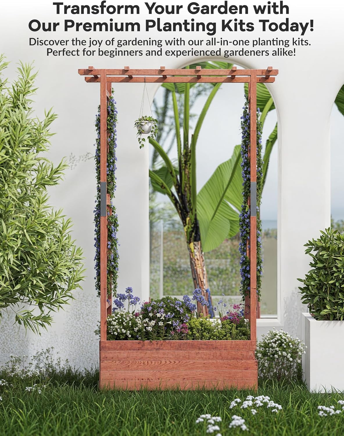 Riedhoff Wooden Raised Garden Bed with Trellis, Hanging Roof & Side Trellis, 43 x 17 x 72"