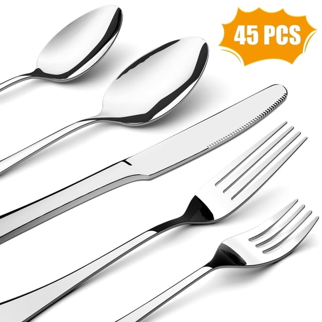 Juego de Cubiertos de 45 Piezas, Juego de Cubiertos de Acero Inoxidable para 9, Plateado