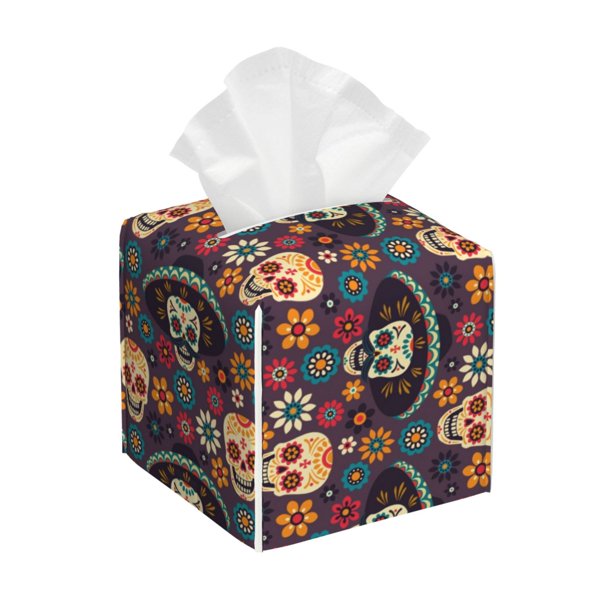 Fotbe Skulls and Flowers Porta Pañuelos Decorativo de Cuero, Caja Cuadrada Moderna para Pañuelos Faciales, Organizador y Dispensador 5x5x5''