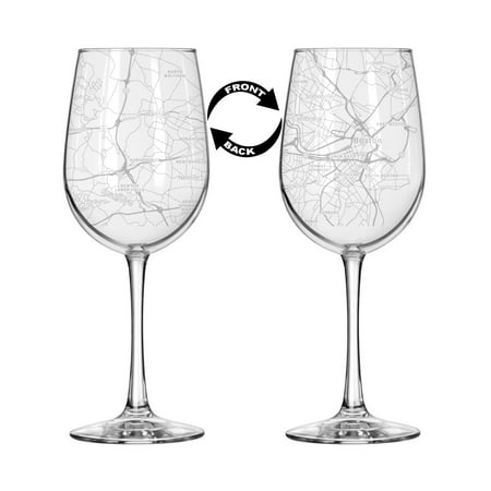 

16 oz Tall Stemmed Wine Glass for Red or White Wine Wrap Around City Map Boston MA Massachusetts