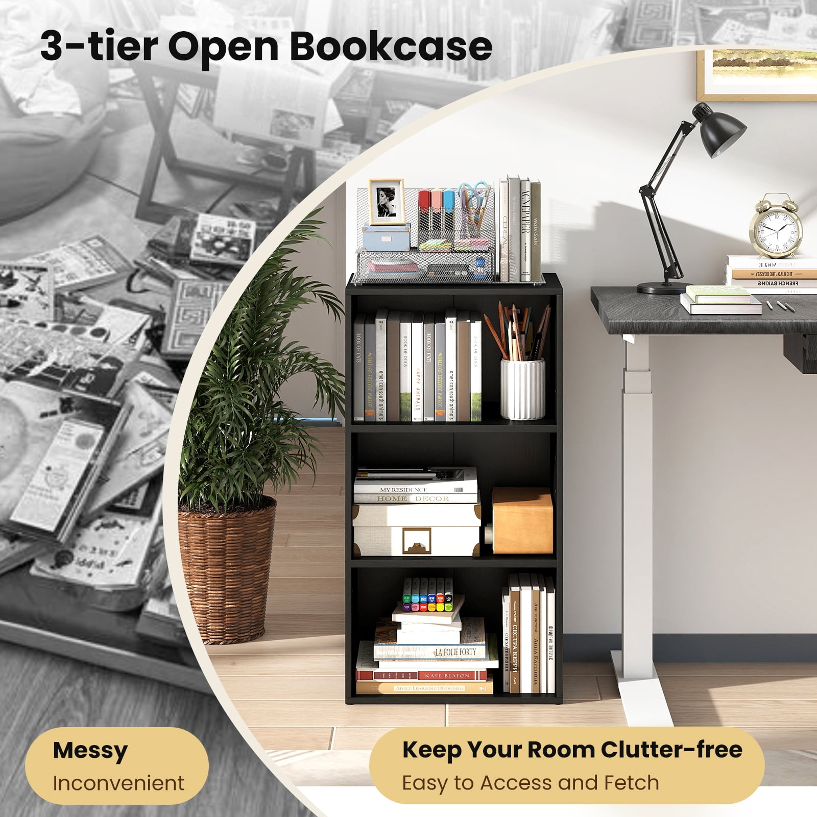 Giantex 3-Cube Bookcase, Floor Standing Open Bookshelf w/7-Position Adjustable Shelves, Modern Display Shelf, Black