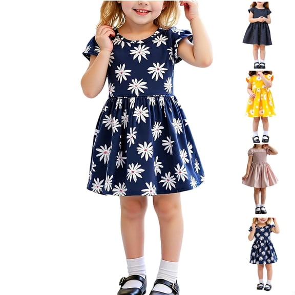 YHAJDS Girls Summer Dress Floral Print Short Sleeve Round Neck Smocked Waist Dance Dress Size 3-8 Year