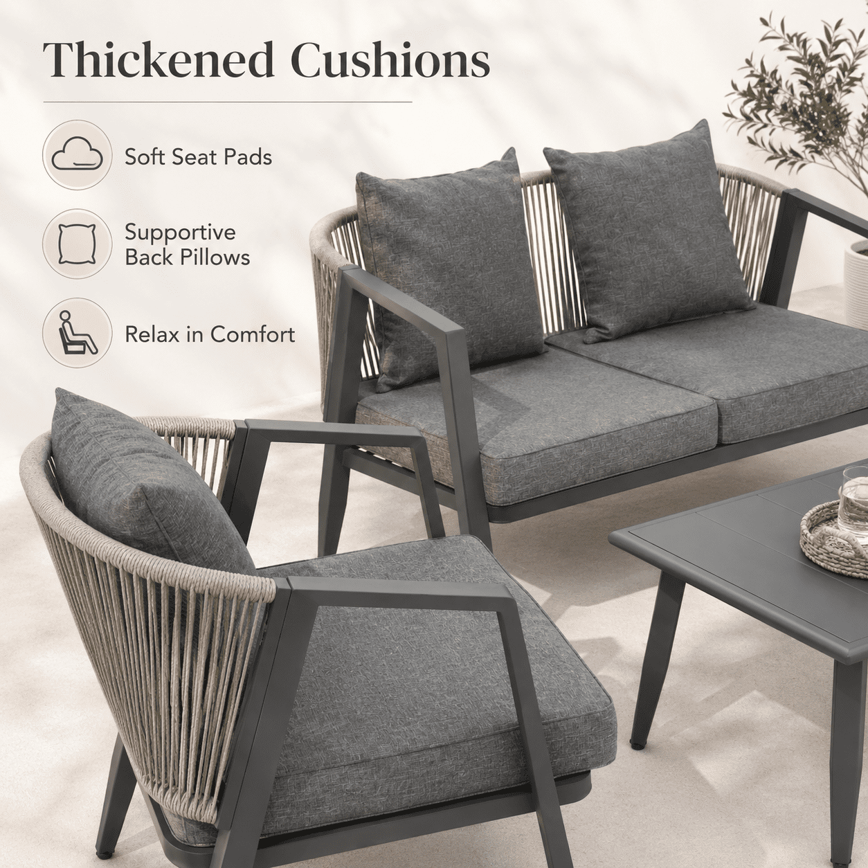 Patio Furniture Set on Sale, 4-Piece Outdoor Conversation Set with Thickened Cushions, Heavy-duty Iron Frame Sectional Sofa Set with Steel Coffee Table for Patio, Lawn, Garden, Balcony & Poolside