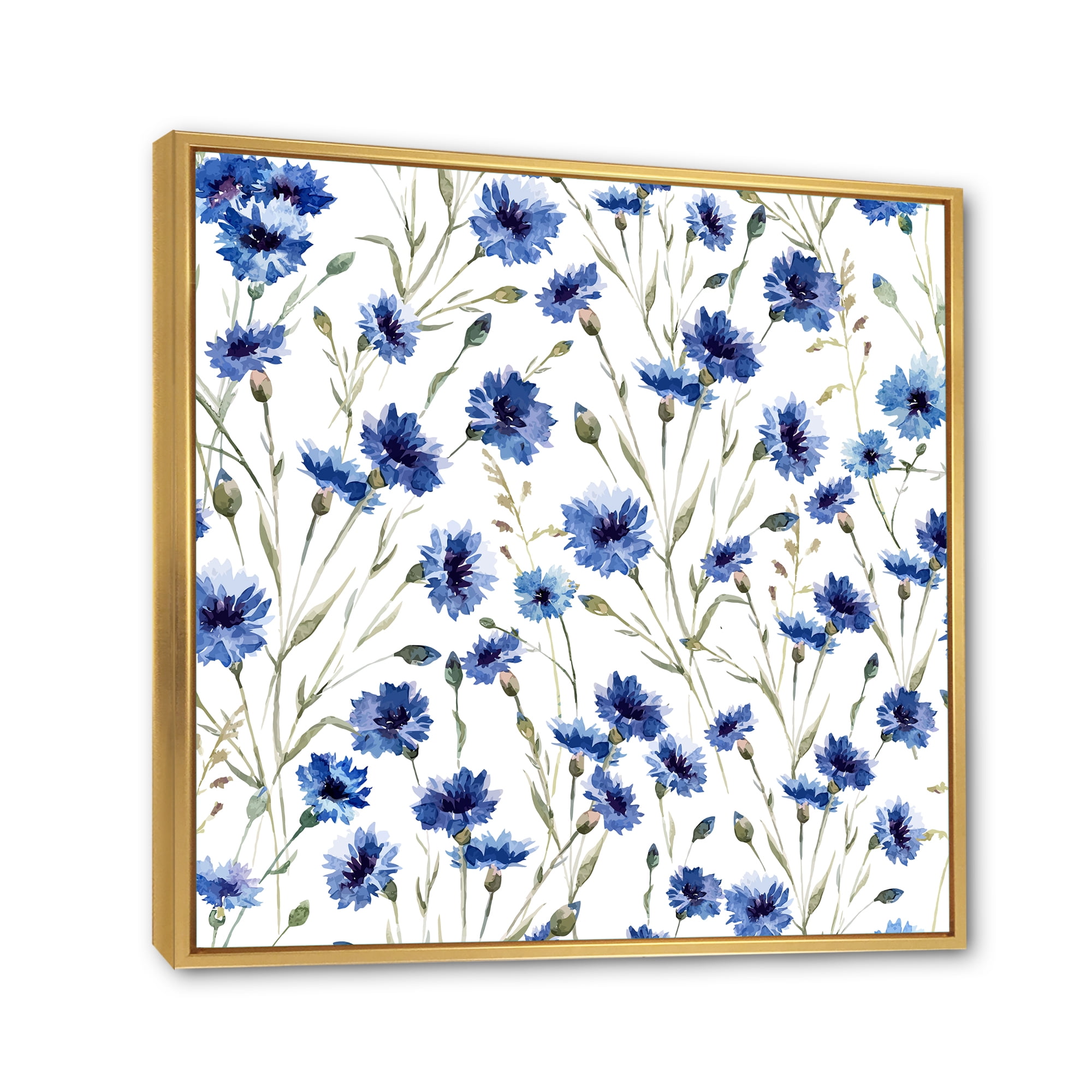 Designart 'Blue Wildflowers With Green Leaves On White' Traditional Framed Canvas Wall Art Print