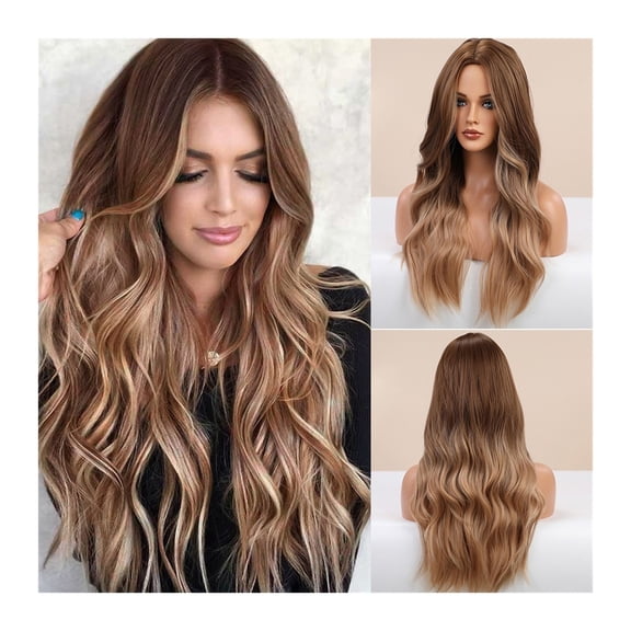 26 "Long Brown Ombre Synthetic Wigs for Women Natural Looking Wavey Curly Wigs 150% Density Middle Part Heat Resistent Fiber Wigs