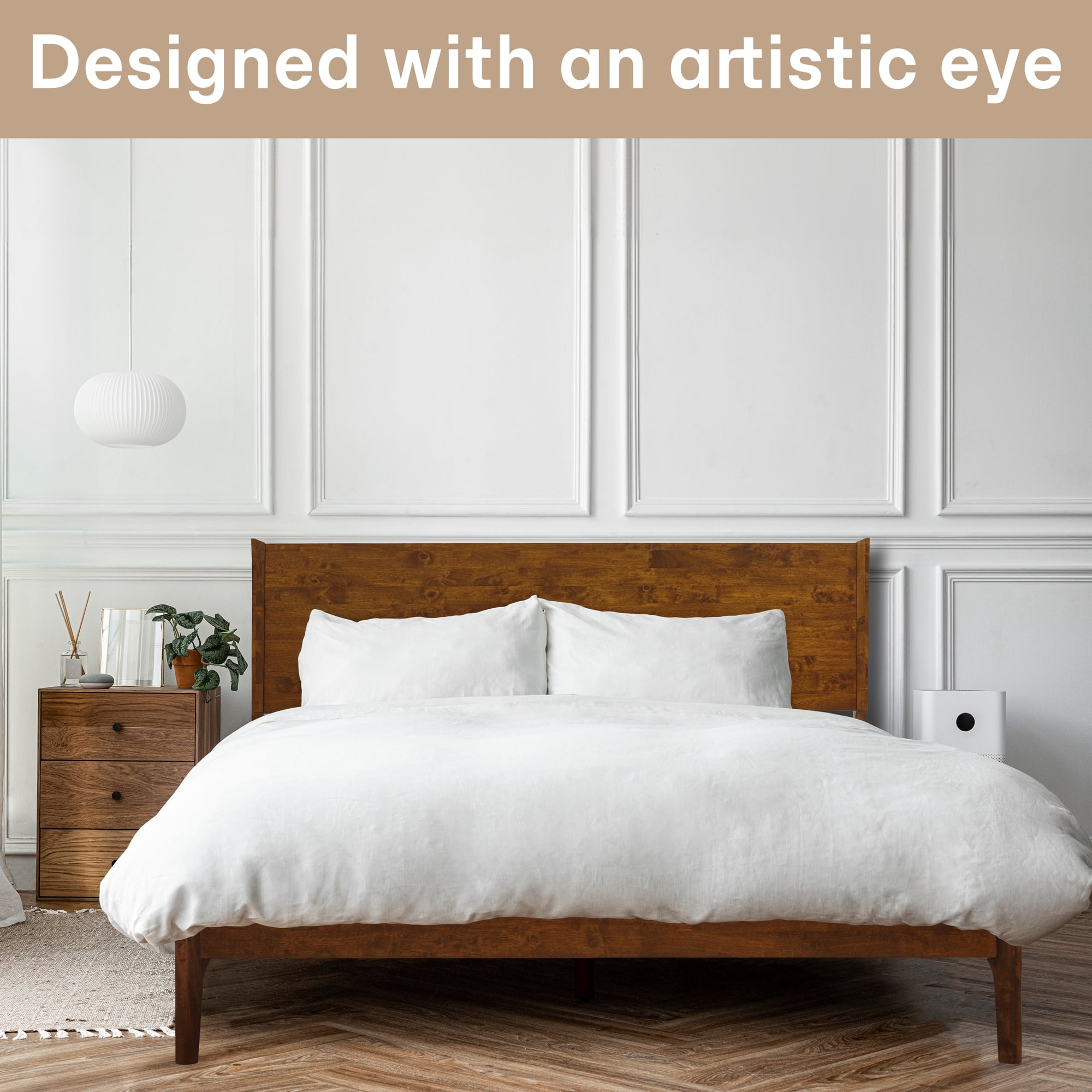 Acacia Haven King Size Bed Frame and Headboard Solid Wood Platform Bed, King Bed Frame 800 lbs Capacity, Scandinavian Signature Wood Bed Compatible with All Mattresses, Walnut