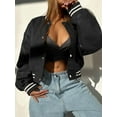 thumbnail image 3 of Women Mock Neck Long Sleeve Button Cropped Leather Jacket Casual Biker Moto Jacket Fall Outerwear Black S, 3 of 5