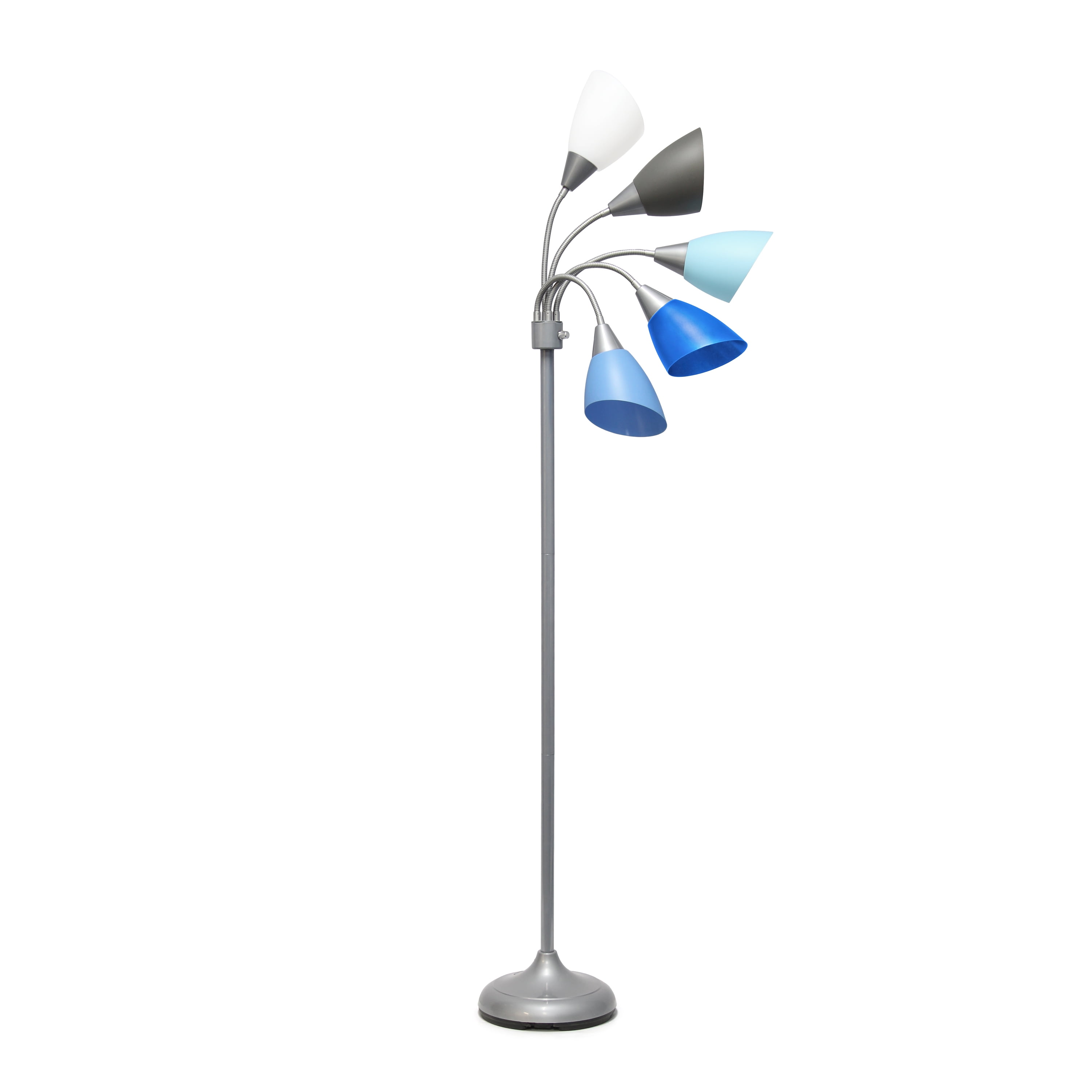 Simple Designs 67" Medusa 5-Light Adjustable Gooseneck Floor Lamp, Silver with Blue/White/Gray Shades