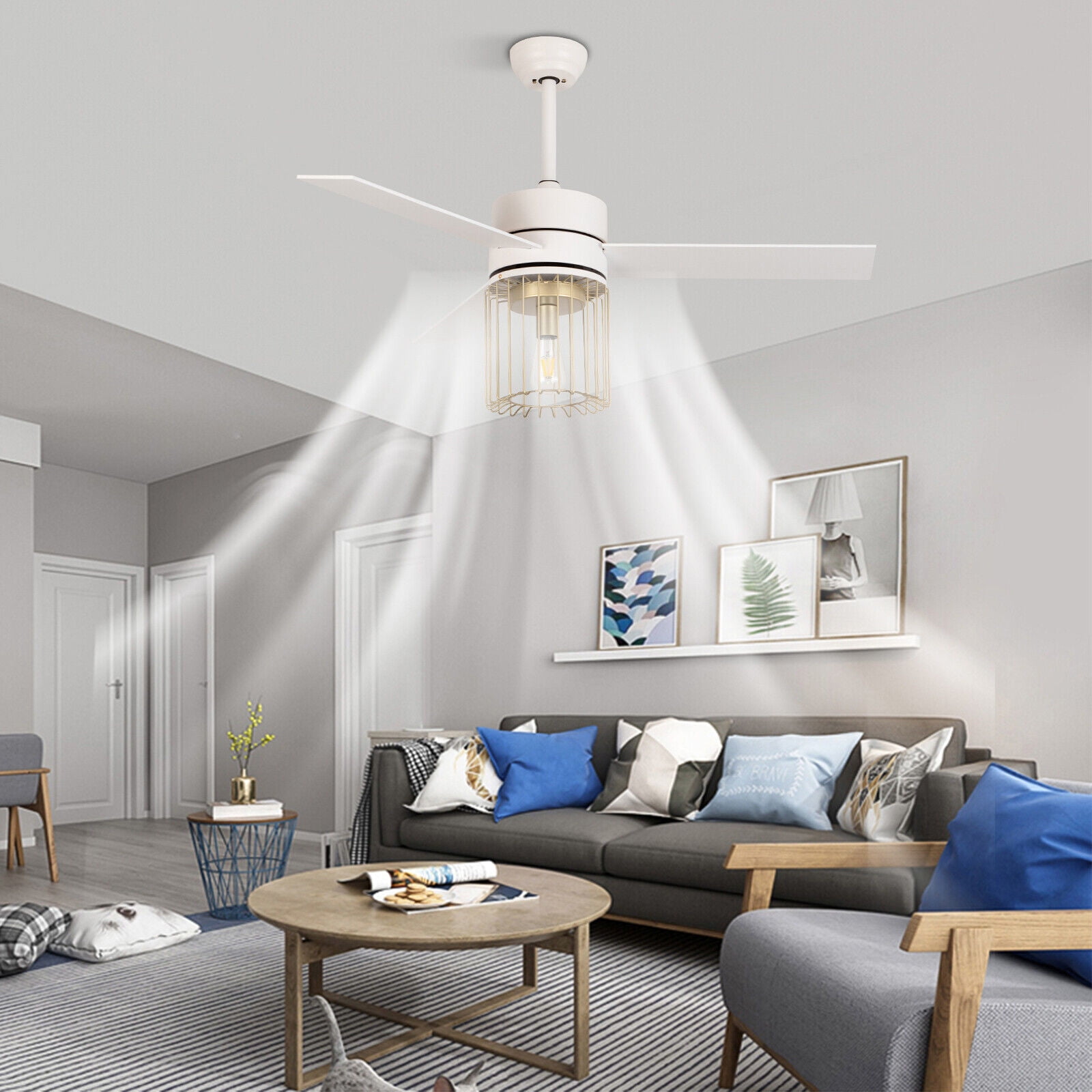 Fichiouy 48" Modern Ceiling Fan Light WireCaged Chandelier White Low