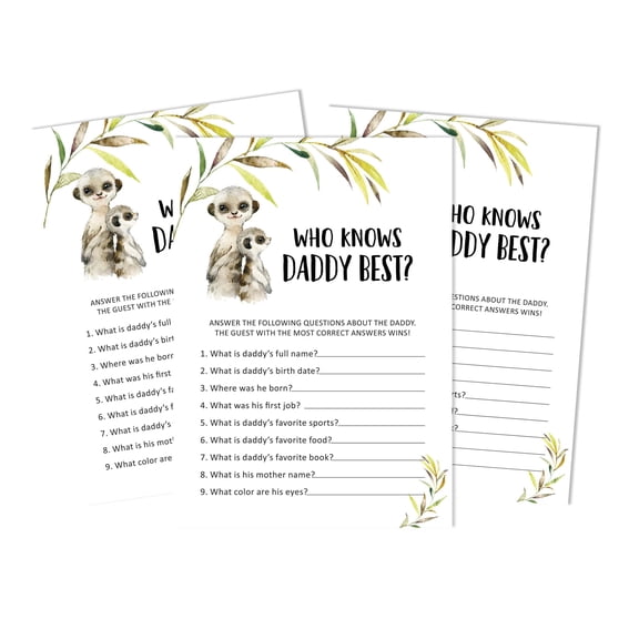 Inkdotpot Meerkat Baby Gender Neutral 50 PackWho Knows Daddy BestBaby Shower GameCards FunActivity Cards