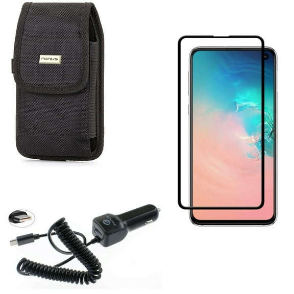Galaxy S10e Case Belt Clip w Car Charger w Screen Protector - Swivel Holster Rugged, 3.1A Type-C Power, Tempered Glass 5D Curved Edge for Samsung Galaxy S10e Phone