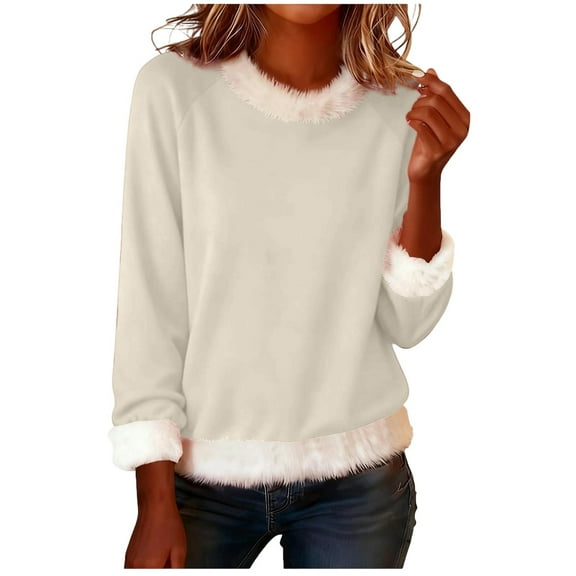 KHONTS Christmas T Shirts for Women Xmas Crew Neck Trim Tees Casual Loose Sweatshirts Long Sleeve Pullover Tops White XL