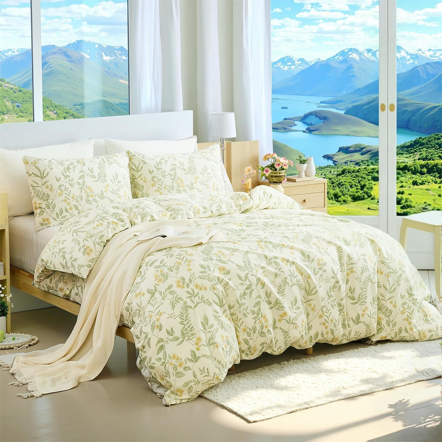 100% Nature Cotton Duvet Cover  - Vintage Reversible Green and Yellow Floral Garden Style Comforter Cover with Zipper Closure, 3 Pieces Soft & Breathable Green Bedding Set