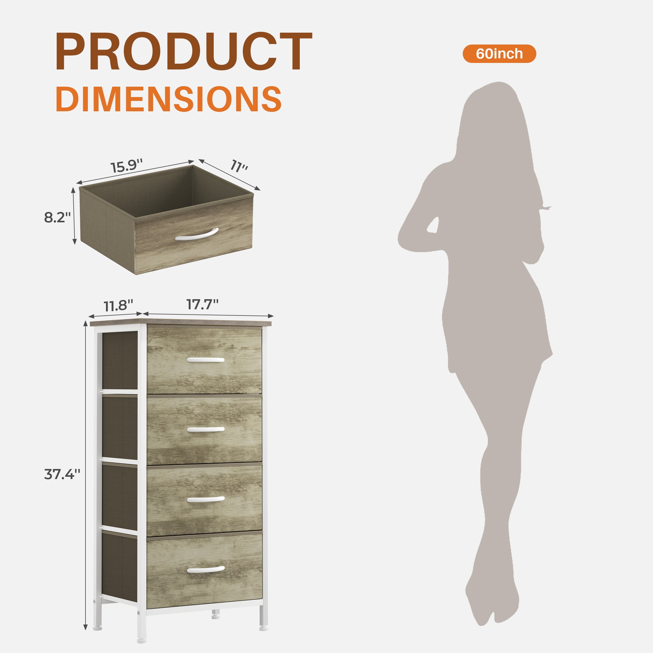 CONCETTA 4-Drawer Fabric Dresser Storage Chest for Bedroom, Closet, Storage Furniture for Adults, Oak