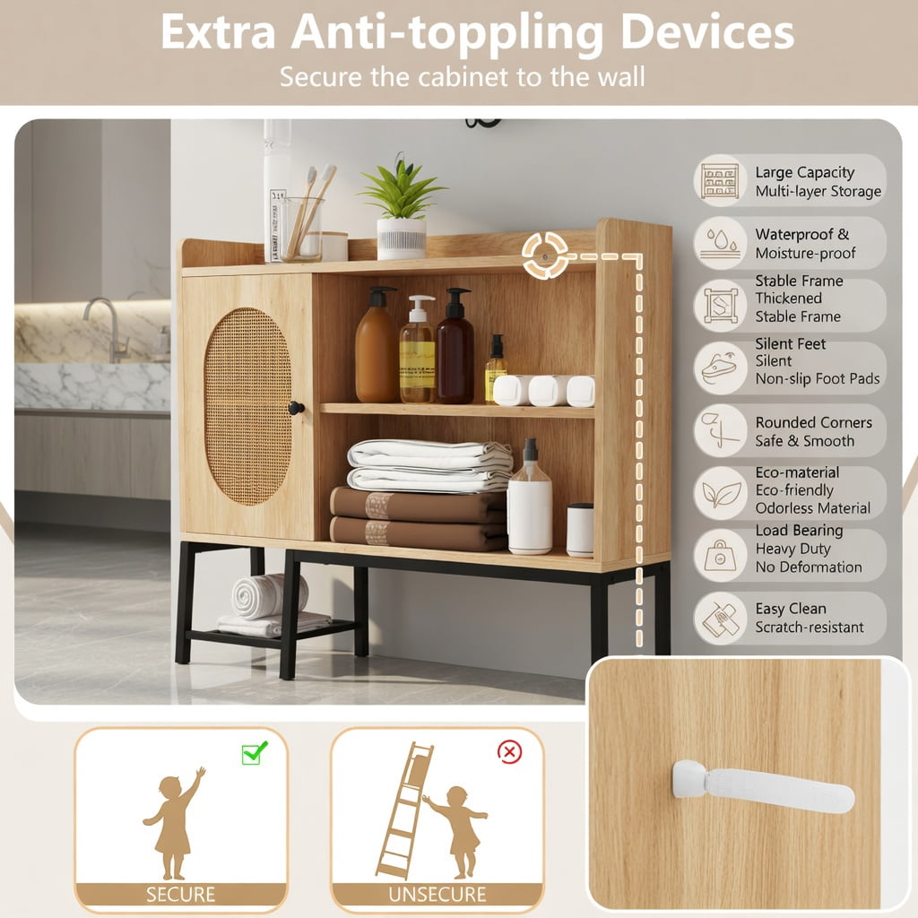 Hommoo Over the Toilet Storage Cabinet with PE Rattan Door, 3-Tier Adjustable Open Shelves, Engineered Wood & Metal Frame, Space-Saving Bathroom Organizer, Natural