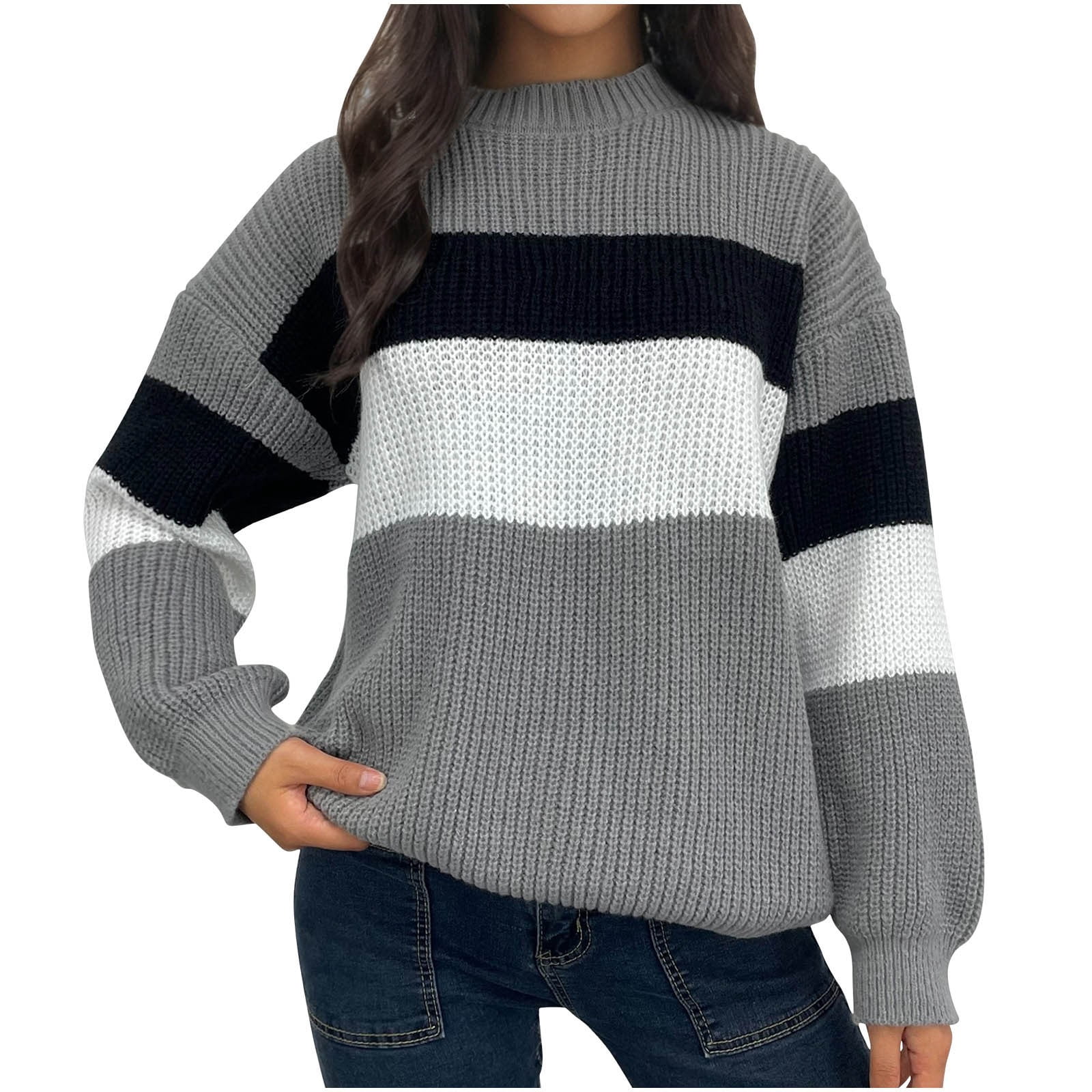 Sinpiling Plus Size Sweaters for Women S-4X Casual Long Sleeve Crewneck Pullover Knitted Tops Ladies Trendy Color Block Comfort Sweater