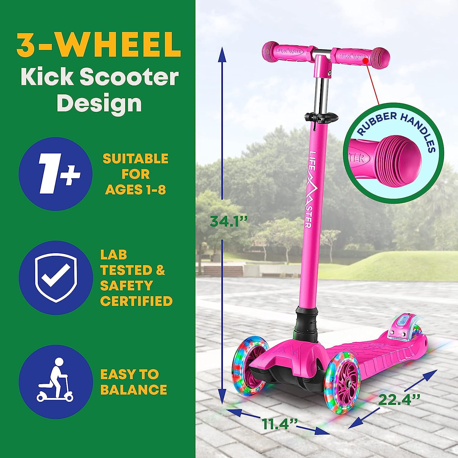 Lifemaster Mini 3-Wheel Kids Scooter with Multi-Color Wheel Lights – 4-Height Adjustable Handlebar, Wide Anti-Slip Deck, Child Safety Certified, Boys & Girls Ages 2+ Supports Up to 110 lbs