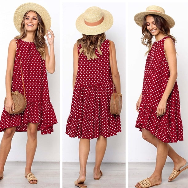 Vestidos largos Fnochy para mujer, vestido de verano en liquidación, moda, cuello redondo, sin mangas, lunares, suelto, vestido con volantes grandes