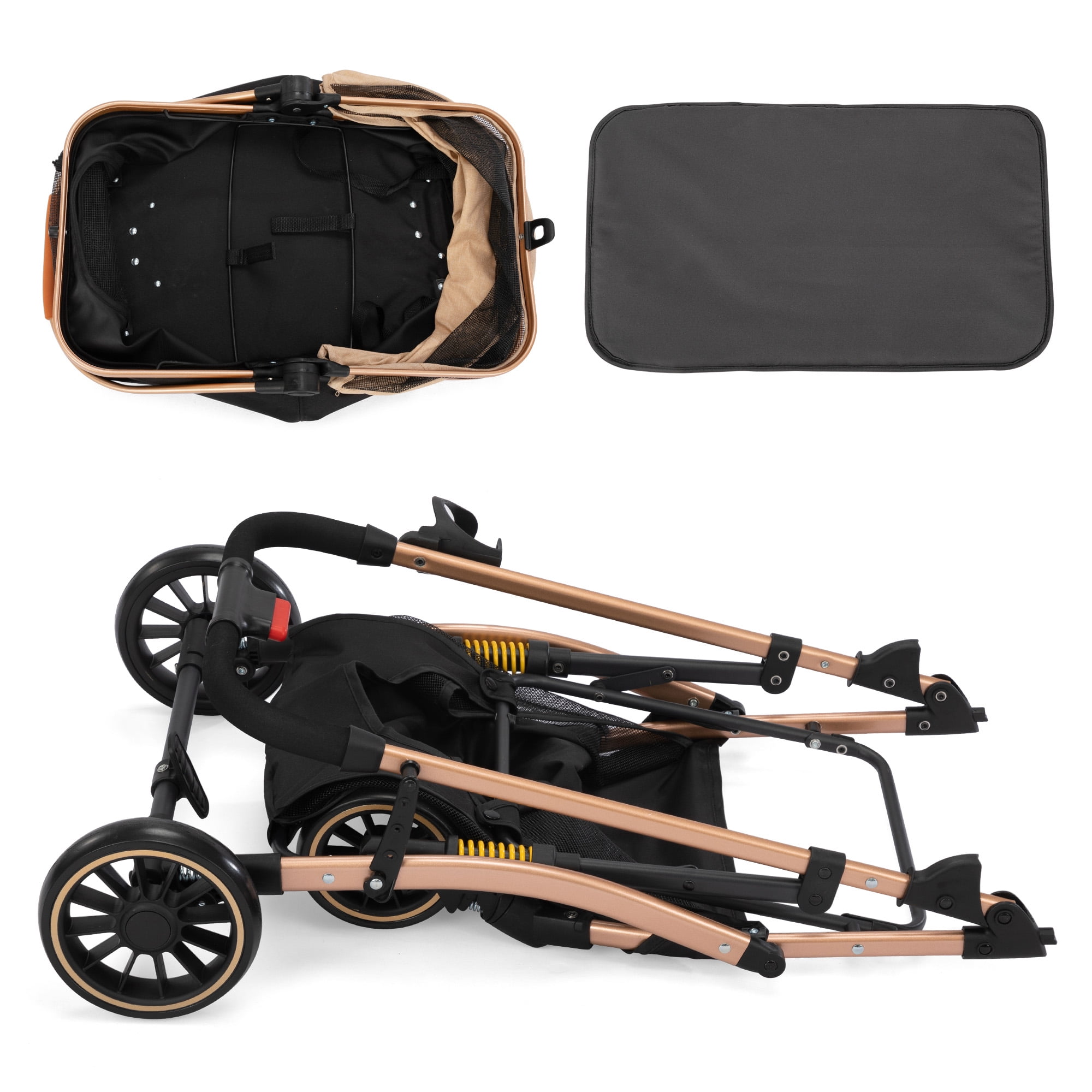 Pefilos 4 Wheels Pet Stroller Folding Lightweight Dog Stroller with Detachable Carrier & Storage Basket, Dog Cat Travel Stroller for Puppies, Doggies, Kitties, Black