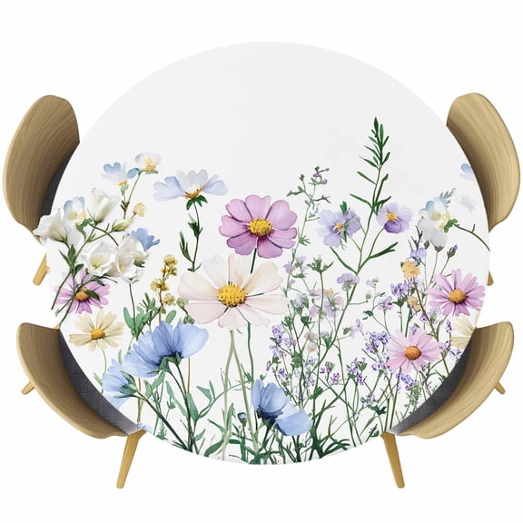 Spring Floral Round Tablecloth 45-54 Inch Round Fitted Table Cloth with Elastic Edge, Country Spring Floral Botanical Waterproof Table Cover Protector for Outdoor Picnic Party Dining